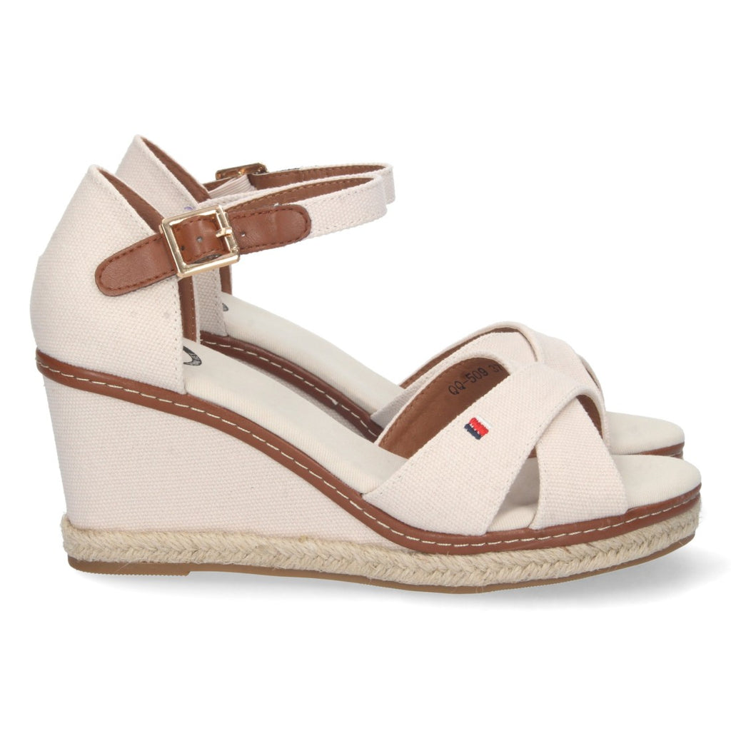 Elegante weiße Damen-Espadrilles mit gekreuzten Riemen und Keilabsatz aus Jute