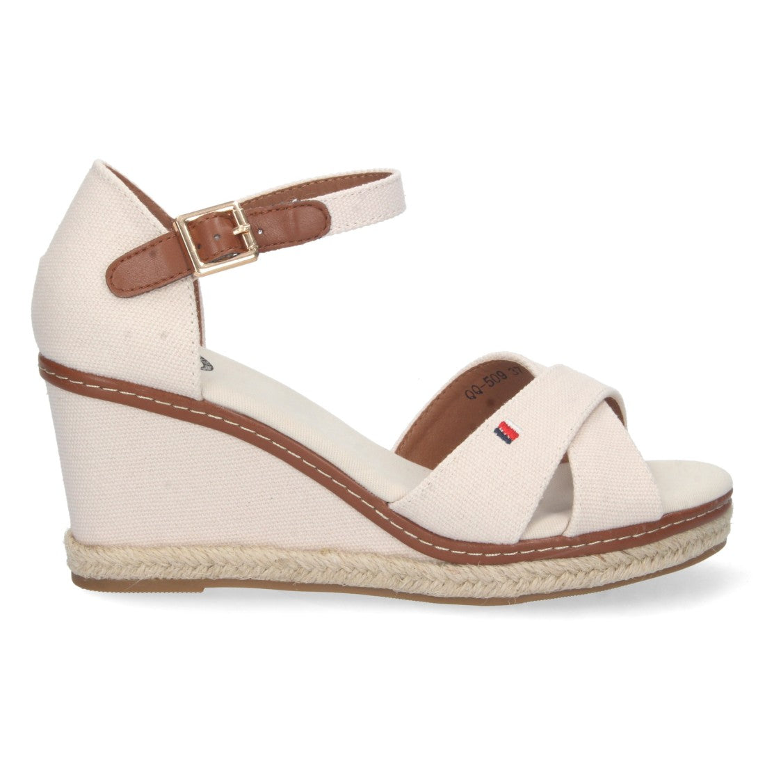 Elegante weiße Damen-Espadrilles mit gekreuzten Riemen und Keilabsatz aus Jute