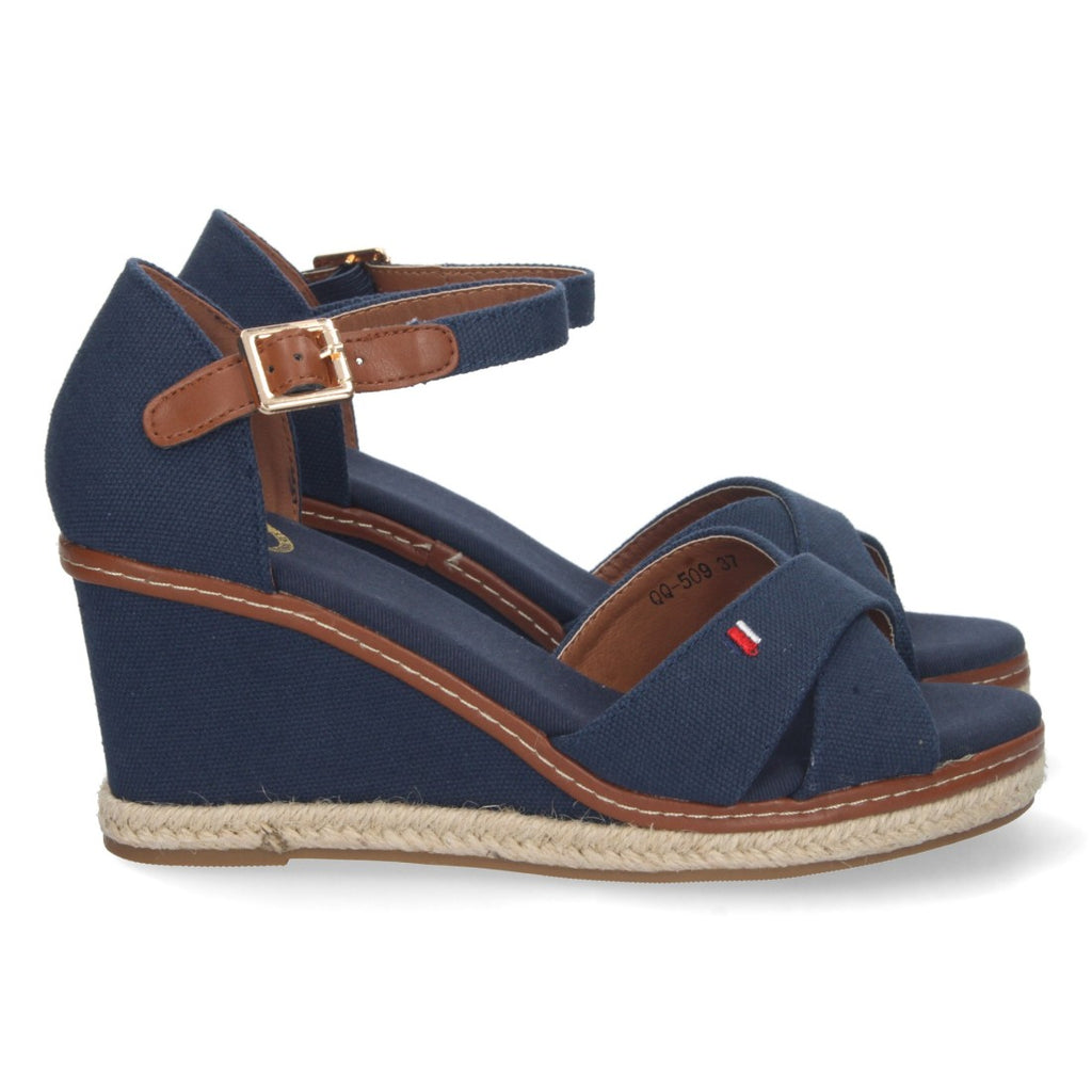 Elegante blaue Espadrilles für Damen mit Keilabsatz und gekreuzten Riemen aus Jute