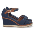 Elegante blaue Espadrilles für Damen mit Keilabsatz und gekreuzten Riemen aus Jute