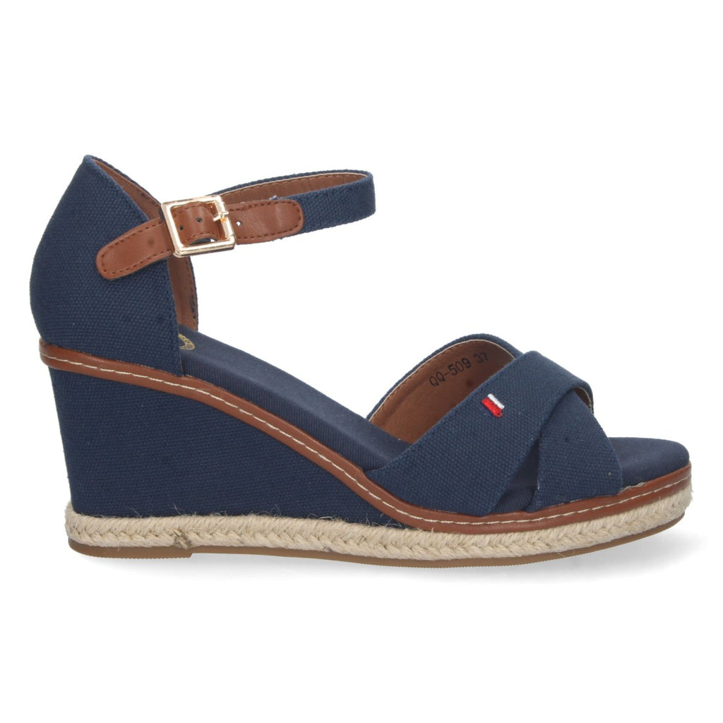 Elegante blaue Espadrilles für Damen mit Keilabsatz und gekreuzten Riemen aus Jute