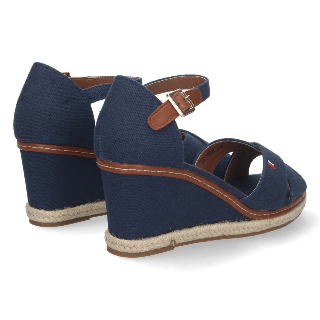 Elegante blaue Espadrilles für Damen mit Keilabsatz und gekreuzten Riemen aus Jute