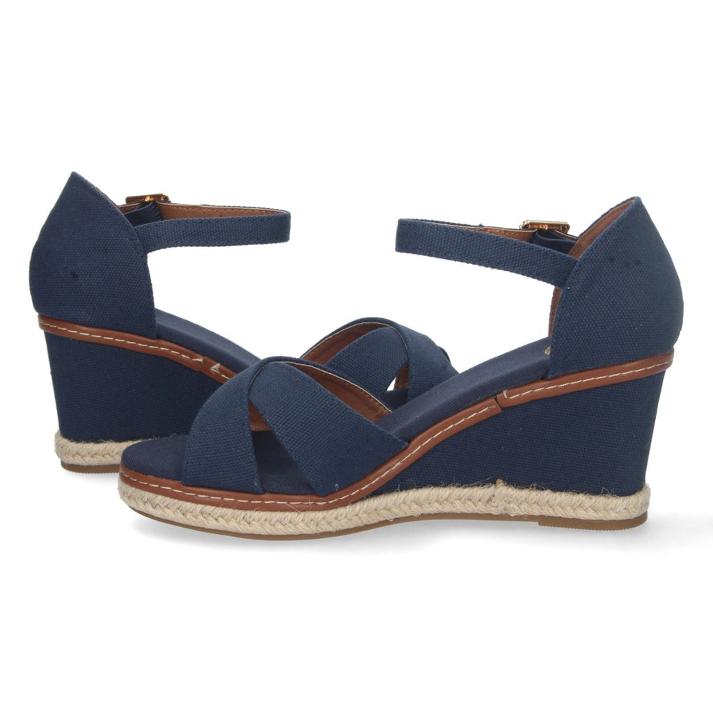 Elegante blaue Espadrilles für Damen mit Keilabsatz und gekreuzten Riemen aus Jute