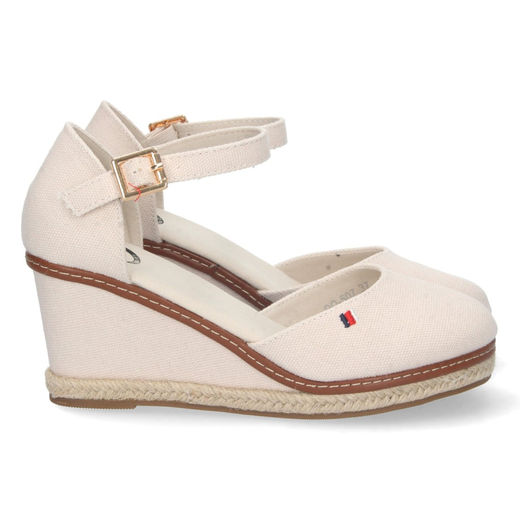 Weiße Espadrilles Damen Keilabsatz Jute Geschlossene Kappe Knöchelriemen Elegant