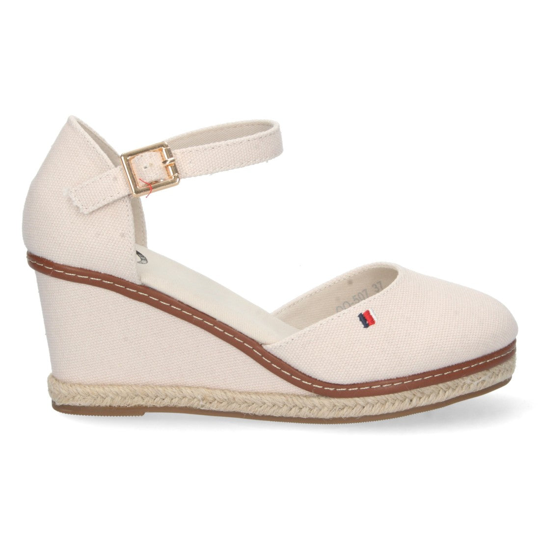 Weiße Espadrilles Damen Keilabsatz Jute Geschlossene Kappe Knöchelriemen Elegant