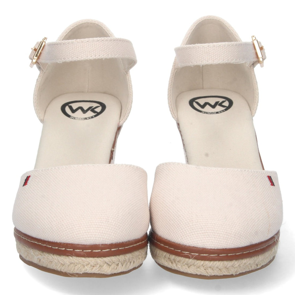 Weiße Espadrilles Damen Keilabsatz Jute Geschlossene Kappe Knöchelriemen Elegant