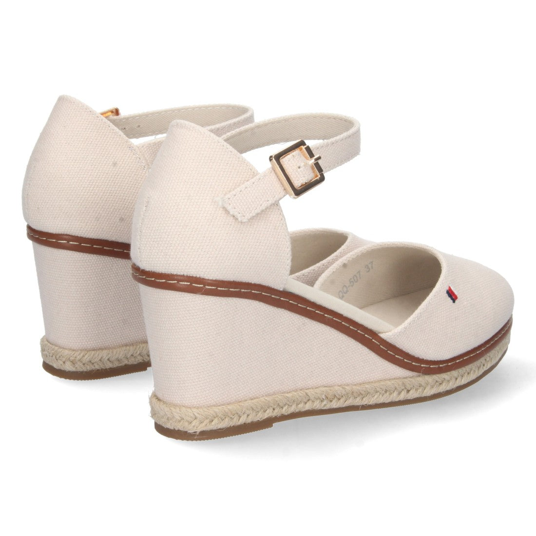 Weiße Espadrilles Damen Keilabsatz Jute Geschlossene Kappe Knöchelriemen Elegant