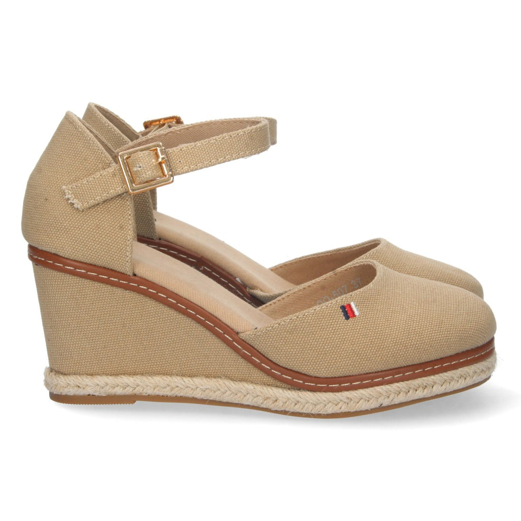 Damen-Espadrilles Beige Keilabsatz Jute Geschlossene Vorderseite Knöchelriemen Elegant