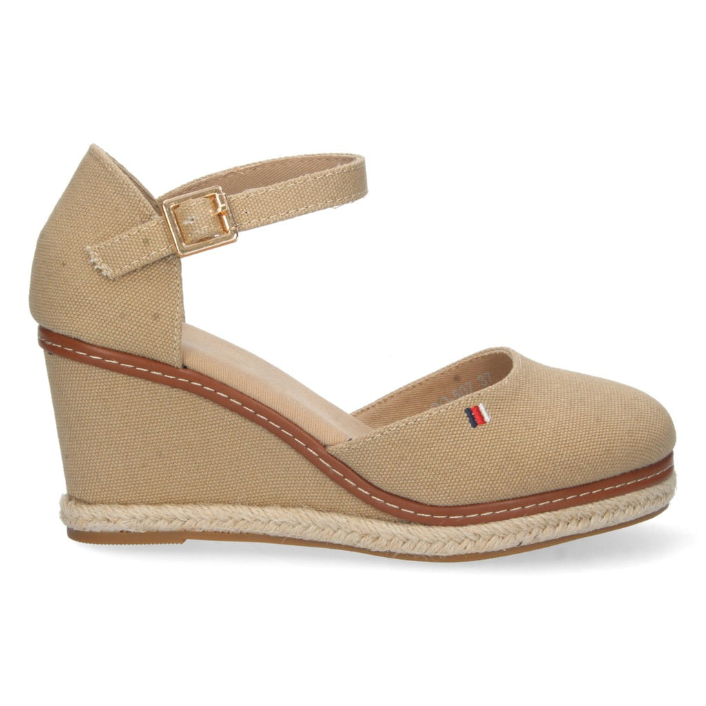 Damen-Espadrilles Beige Keilabsatz Jute Geschlossene Vorderseite Knöchelriemen Elegant