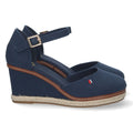 Elegante blaue Damen-Espadrilles mit Keilabsatz aus Jute und geschlossenem Vorderblatt