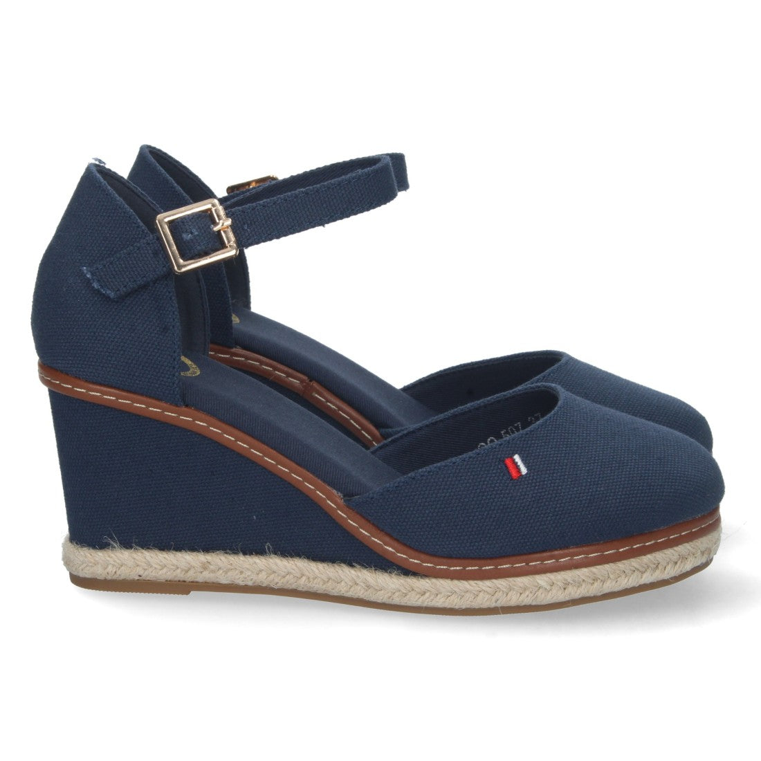 Elegante blaue Damen-Espadrilles mit Keilabsatz aus Jute und geschlossenem Vorderblatt