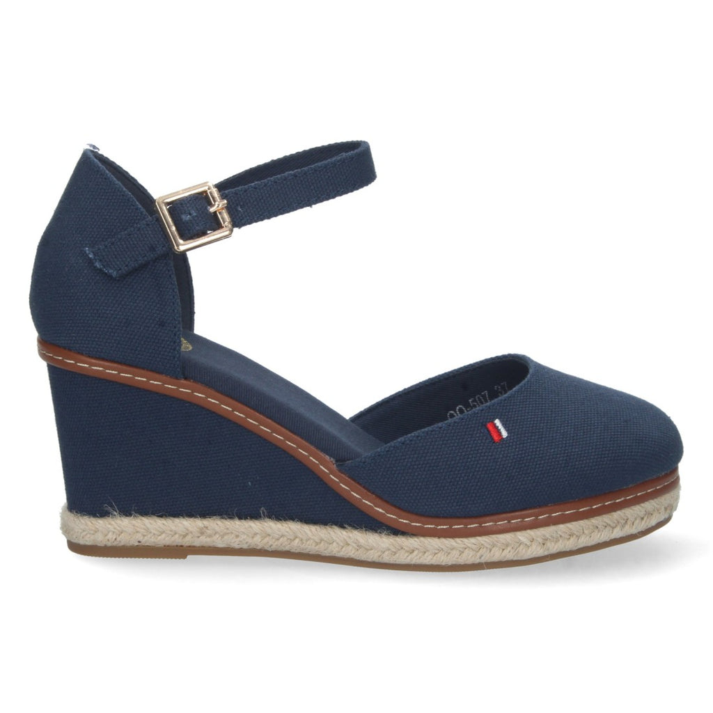 Elegante blaue Damen-Espadrilles mit Keilabsatz aus Jute und geschlossenem Vorderblatt