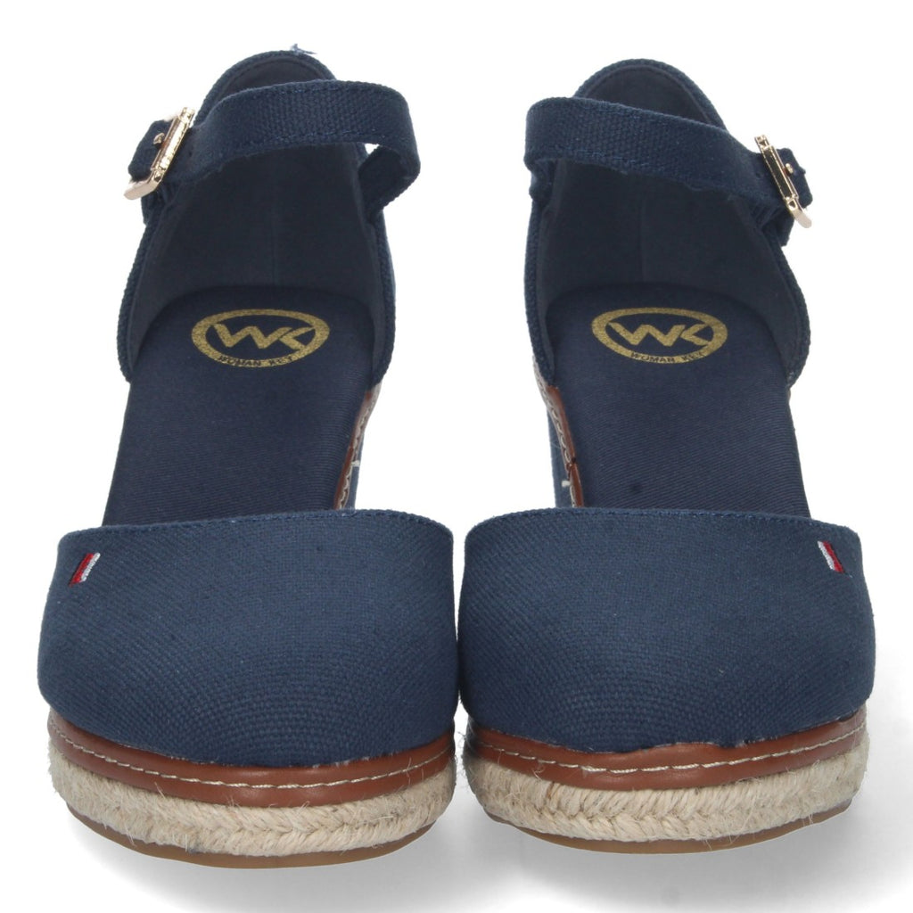 Elegante blaue Damen-Espadrilles mit Keilabsatz aus Jute und geschlossenem Vorderblatt
