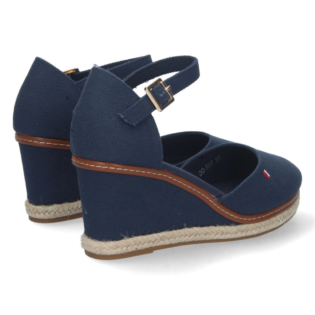 Elegante blaue Damen-Espadrilles mit Keilabsatz aus Jute und geschlossenem Vorderblatt