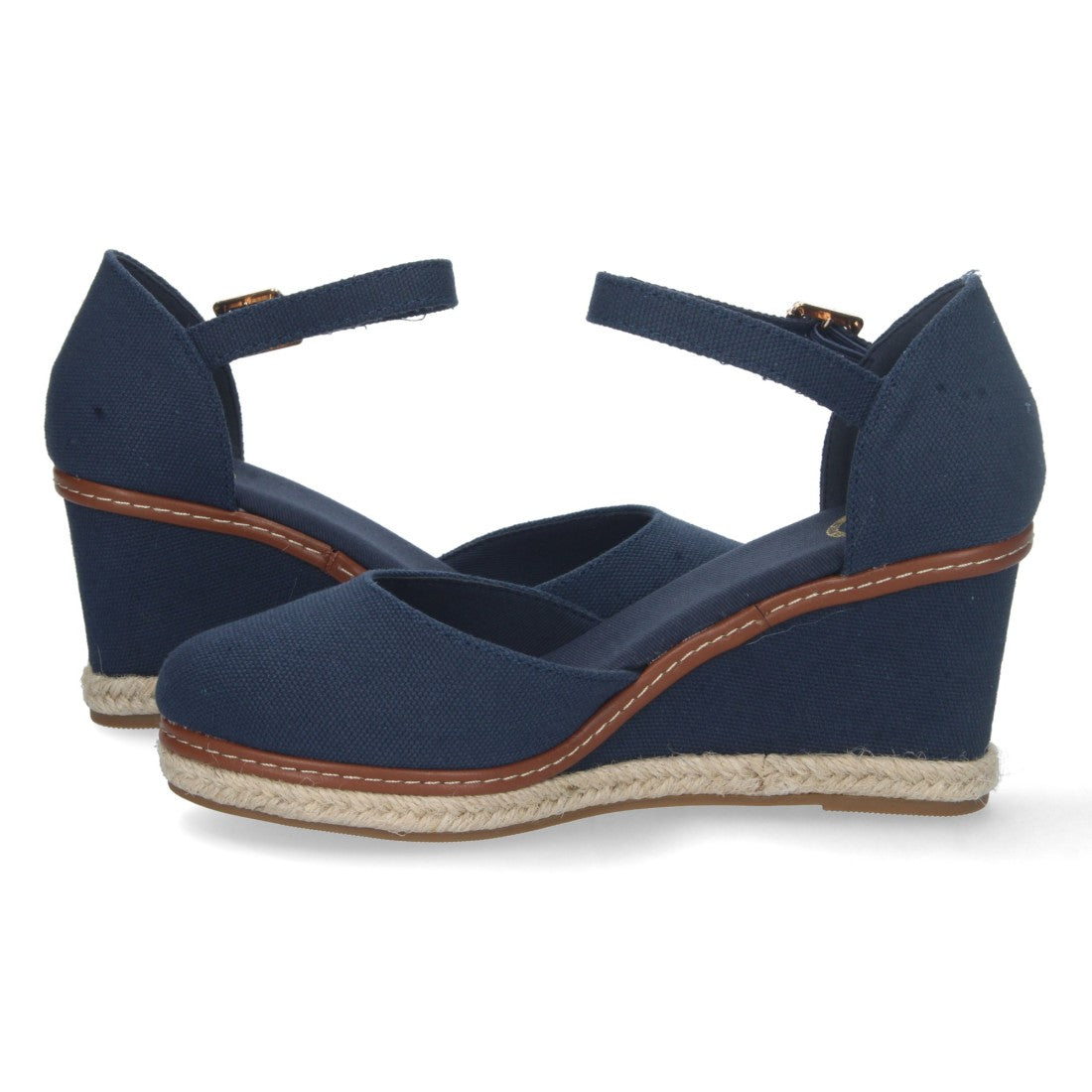 Elegante blaue Damen-Espadrilles mit Keilabsatz aus Jute und geschlossenem Vorderblatt
