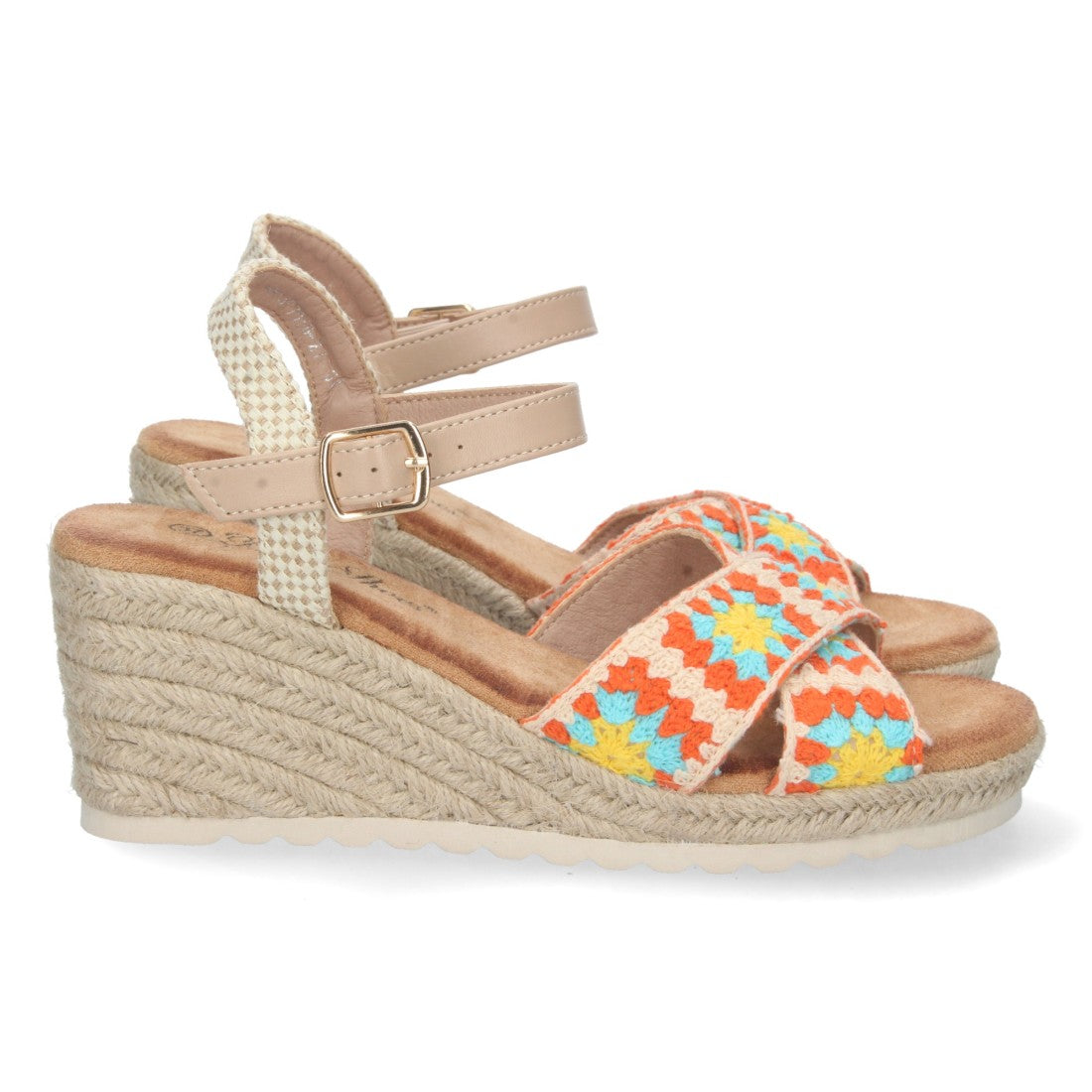 Sandalias Naranjas Mujer Cuña Yute Palas Cruzadas Bordadas Cómodas