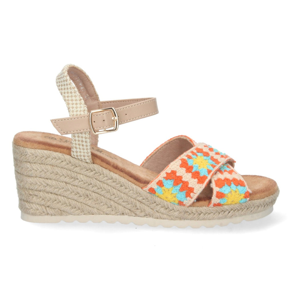 Sandalias Naranjas Mujer Cuña Yute Palas Cruzadas Bordadas Cómodas