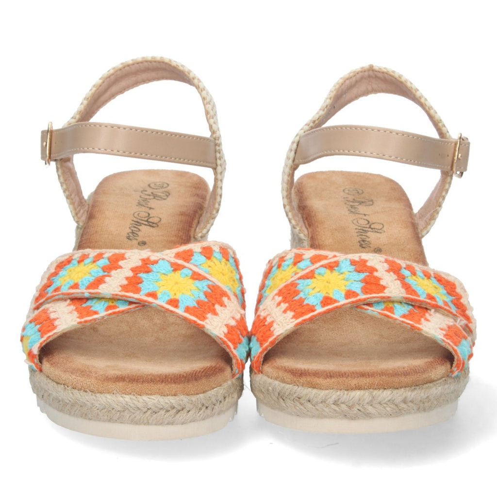 Sandalias Naranjas Mujer Cuña Yute Palas Cruzadas Bordadas Cómodas