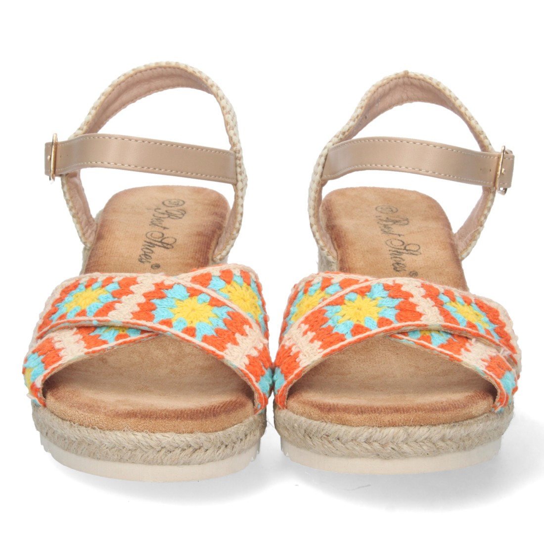Sandalias Naranjas Mujer Cuña Yute Palas Cruzadas Bordadas Cómodas
