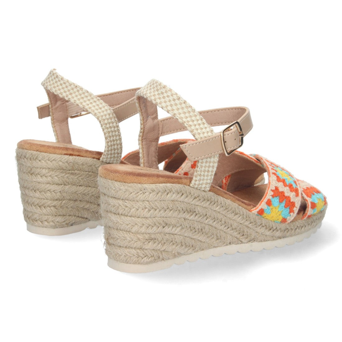 Sandalias Naranjas Mujer Cuña Yute Palas Cruzadas Bordadas Cómodas
