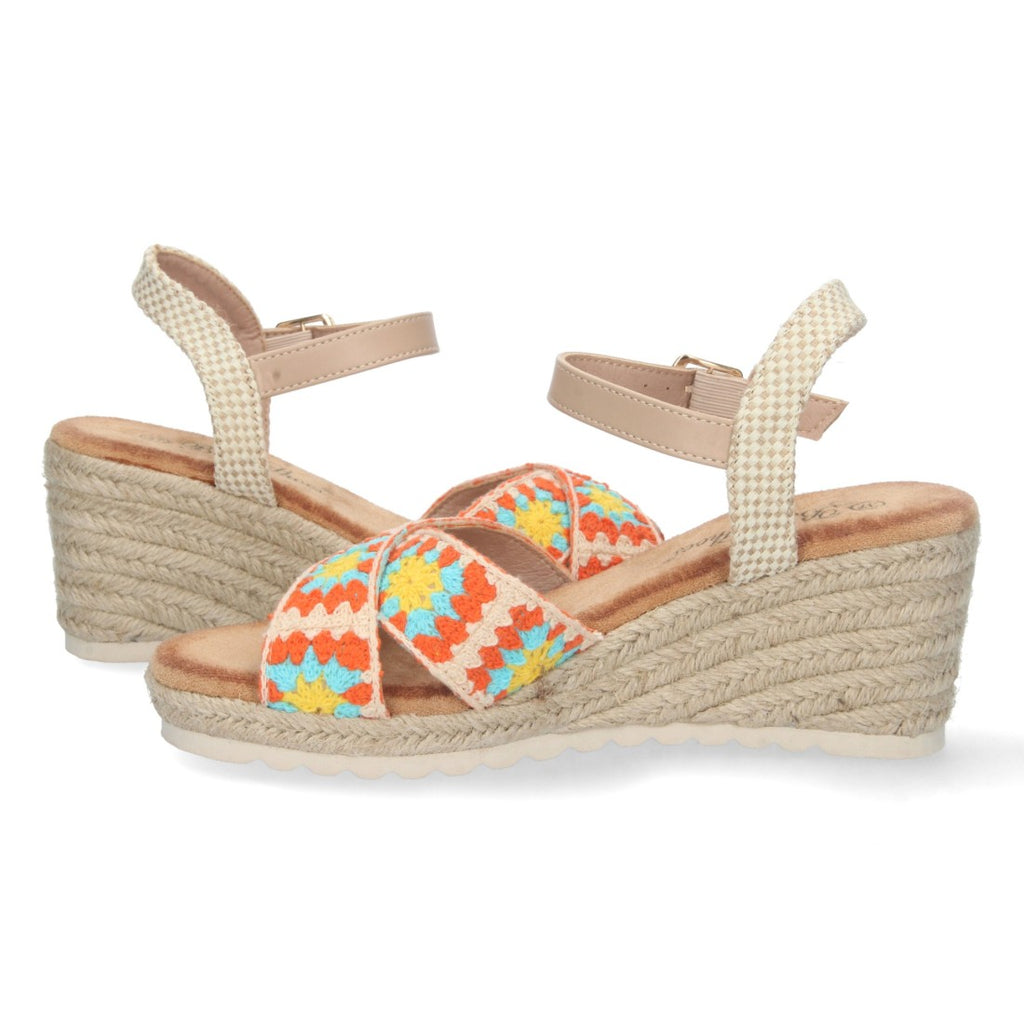 Sandalias Naranjas Mujer Cuña Yute Palas Cruzadas Bordadas Cómodas