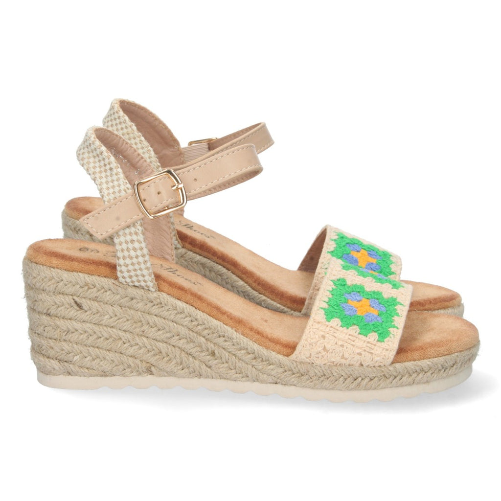 Sandalias Verdes Mujer Cuña Yute Pala Bordada Cómodas