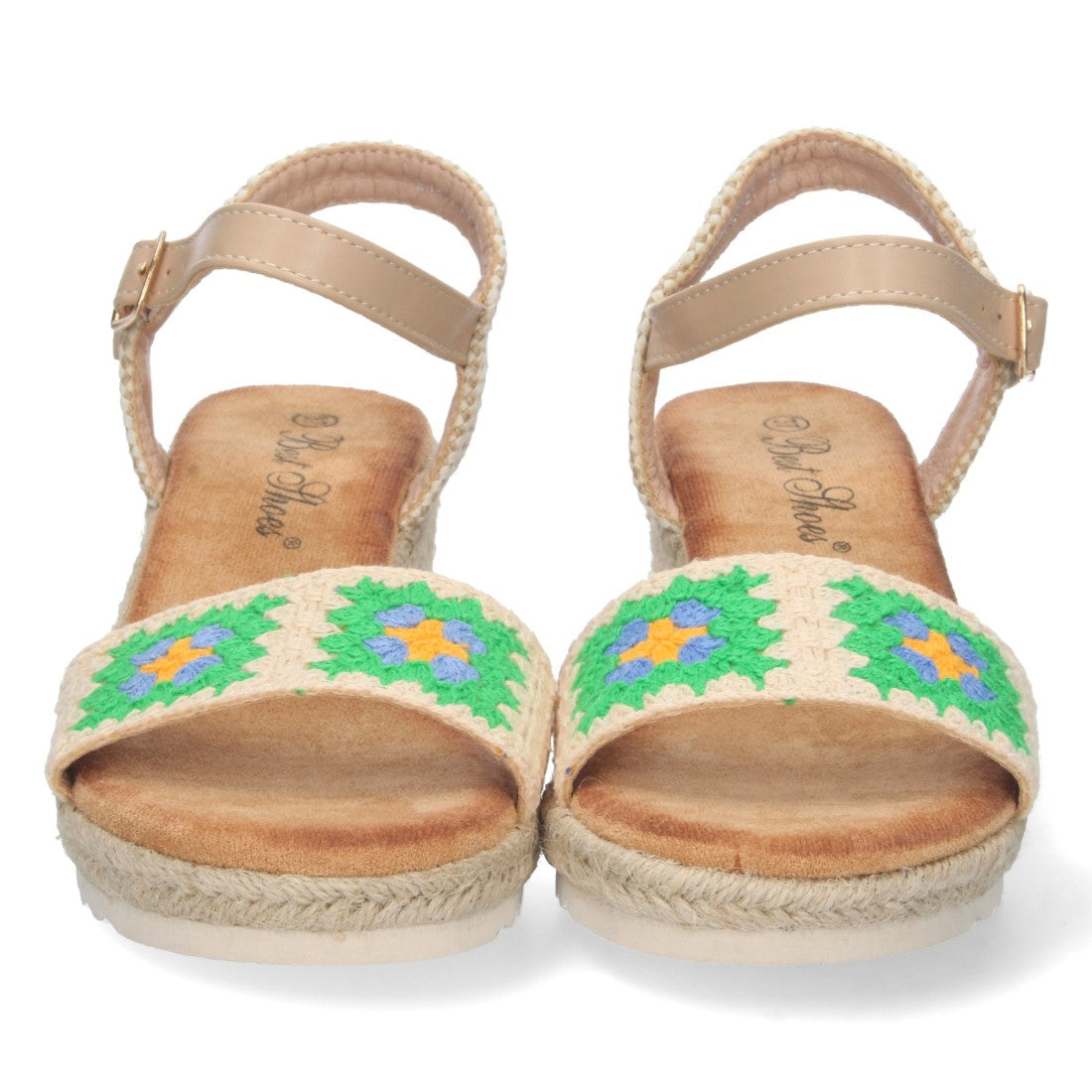 Sandalias Verdes Mujer Cuña Yute Pala Bordada Cómodas