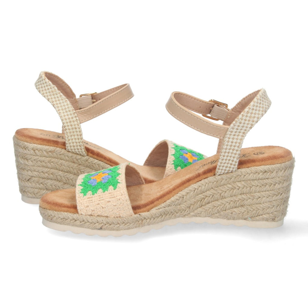 Sandalias Verdes Mujer Cuña Yute Pala Bordada Cómodas