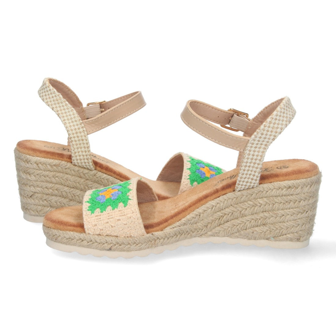 Sandalias Verdes Mujer Cuña Yute Pala Bordada Cómodas