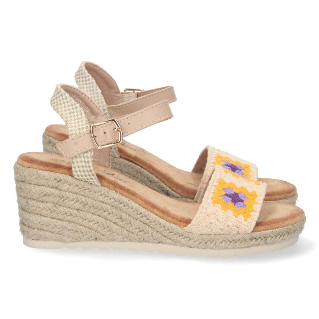 Sandalias Beige Mujer Cuña Yute Pala Bordada Cómodas