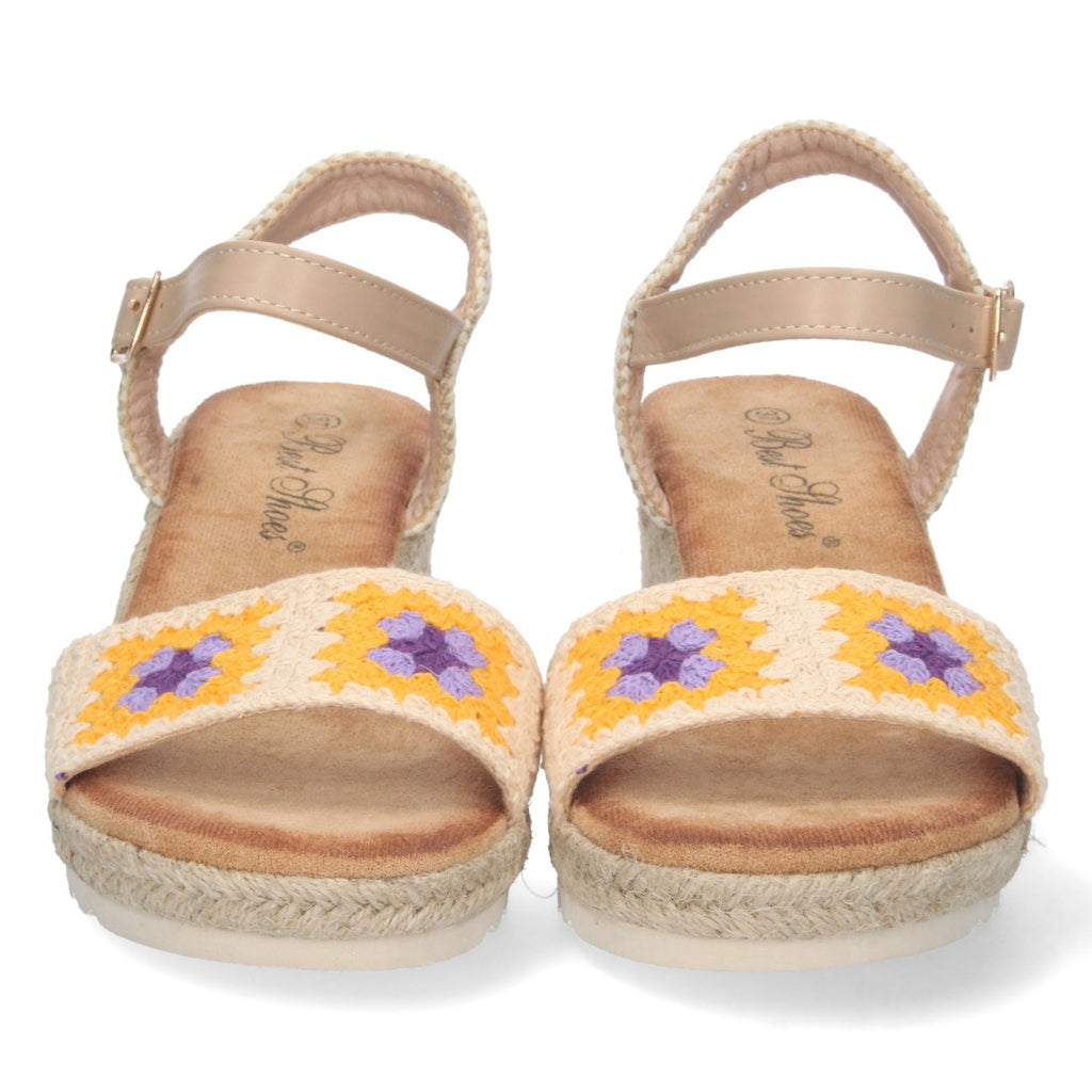 Sandalias Beige Mujer Cuña Yute Pala Bordada Cómodas