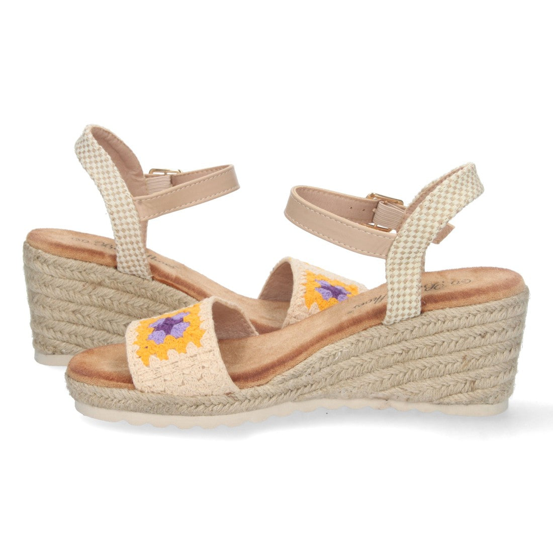 Sandalias Beige Mujer Cuña Yute Pala Bordada Cómodas