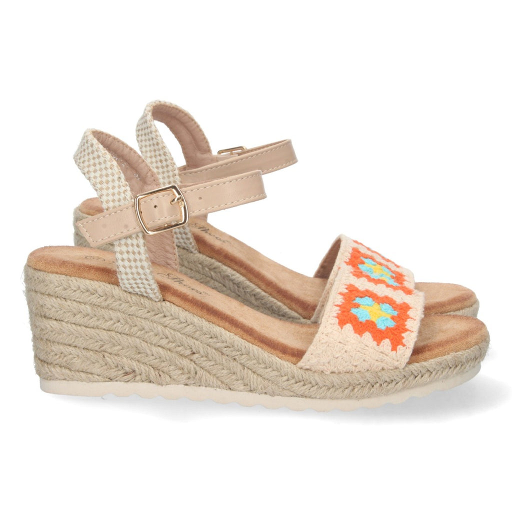 Sandalias Naranjas Mujer Cuña Yute Pala Bordada Cómodas