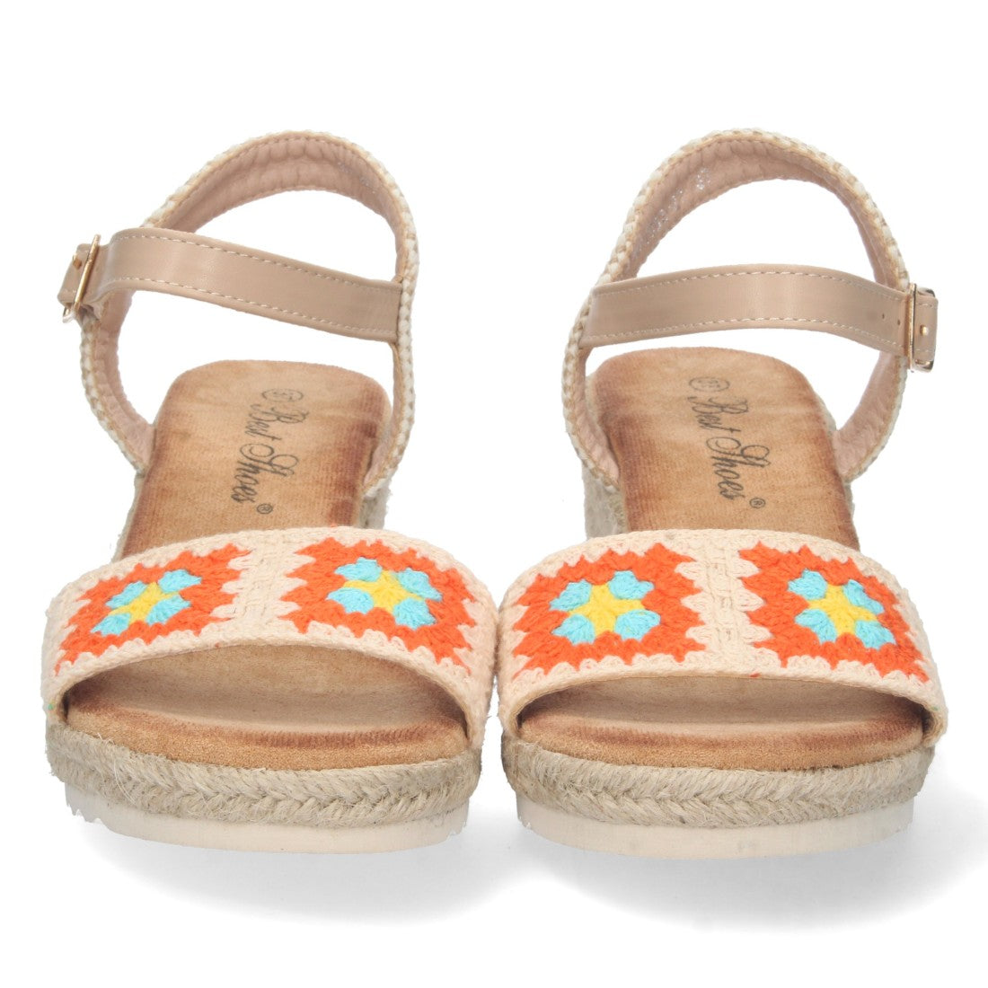 Sandalias Naranjas Mujer Cuña Yute Pala Bordada Cómodas