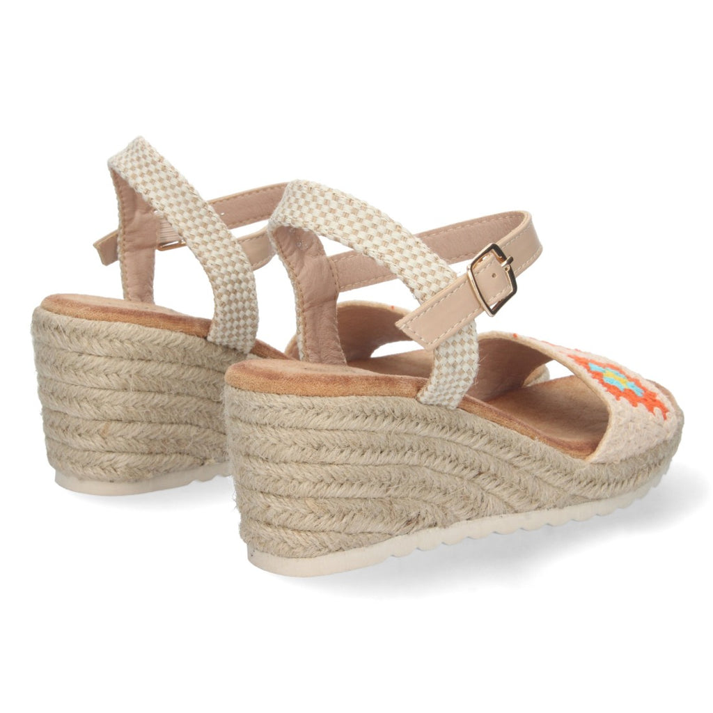 Sandalias Naranjas Mujer Cuña Yute Pala Bordada Cómodas
