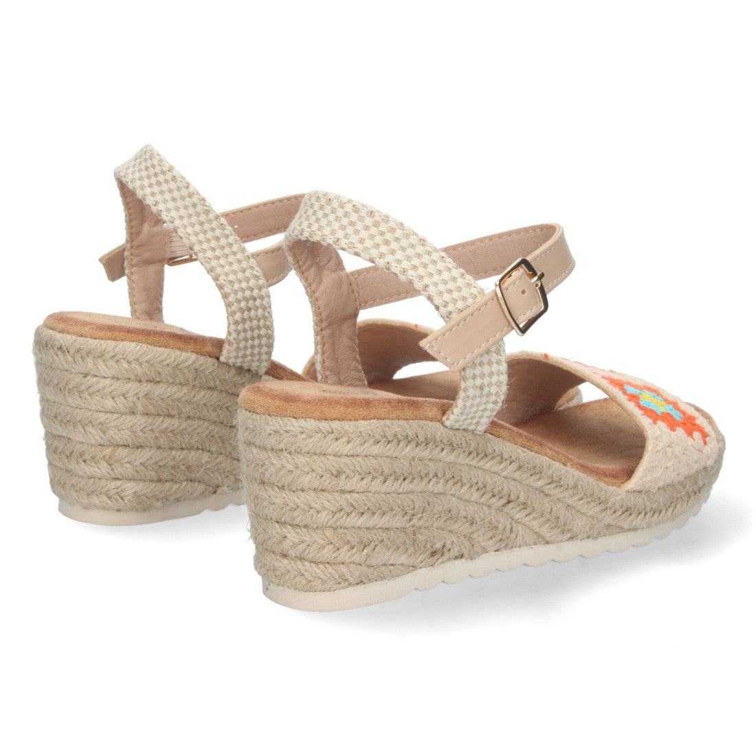 Sandalias Naranjas Mujer Cuña Yute Pala Bordada Cómodas