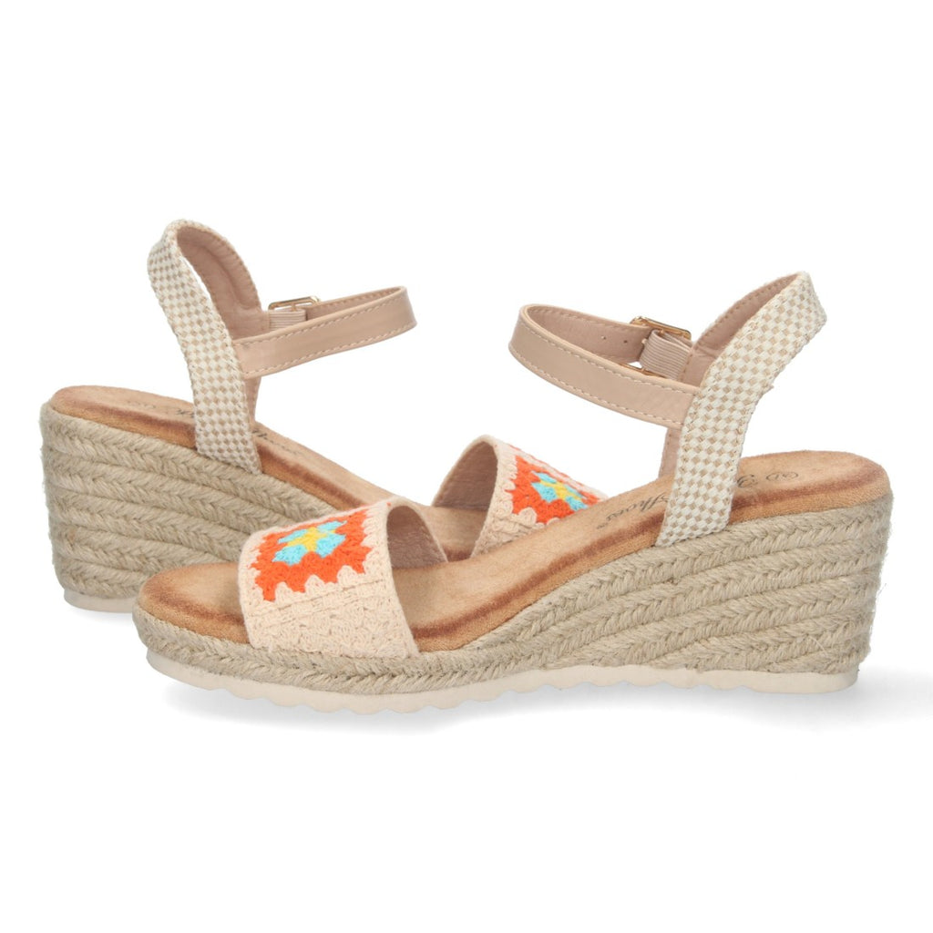 Sandalias Naranjas Mujer Cuña Yute Pala Bordada Cómodas