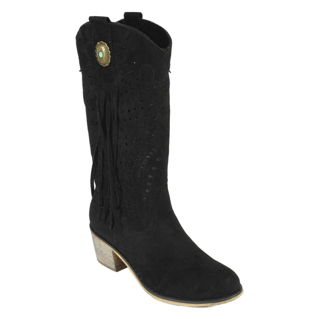 Botas Negras Camperas con Tacón y Flecos