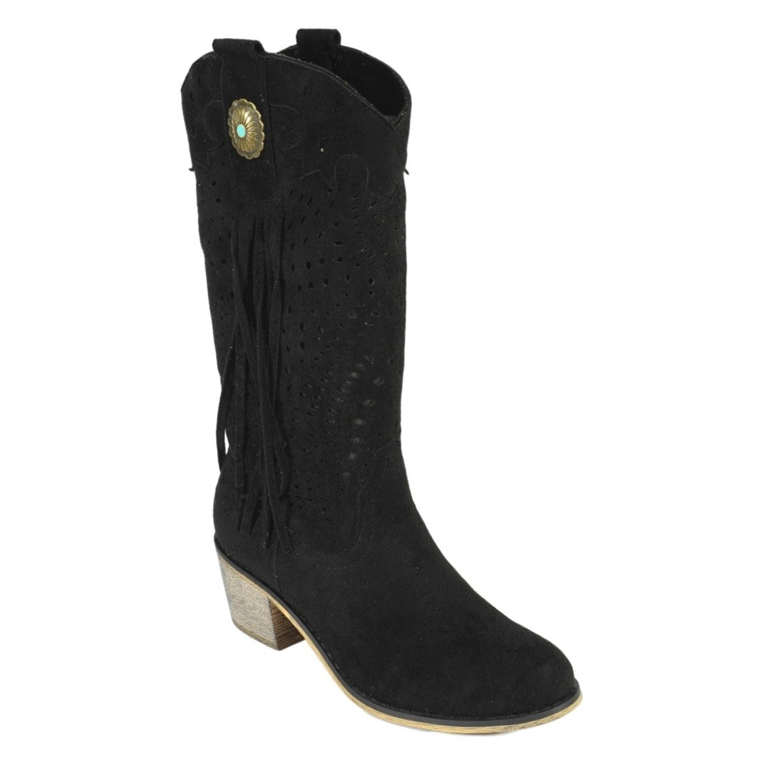 Botas Negras Camperas con Tacón y Flecos