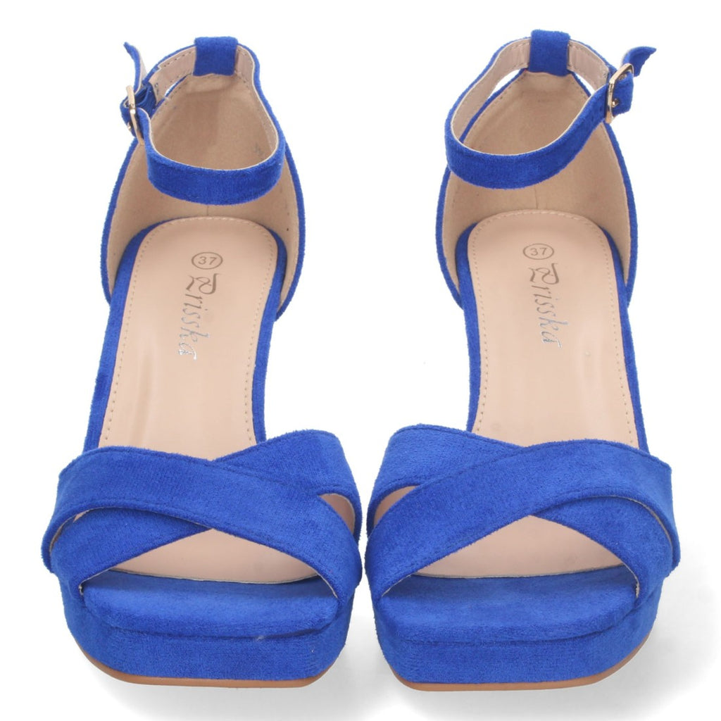 Sandalias Azules Mujer Tacón Ankle Strap Palas Cruzadas Cómodas