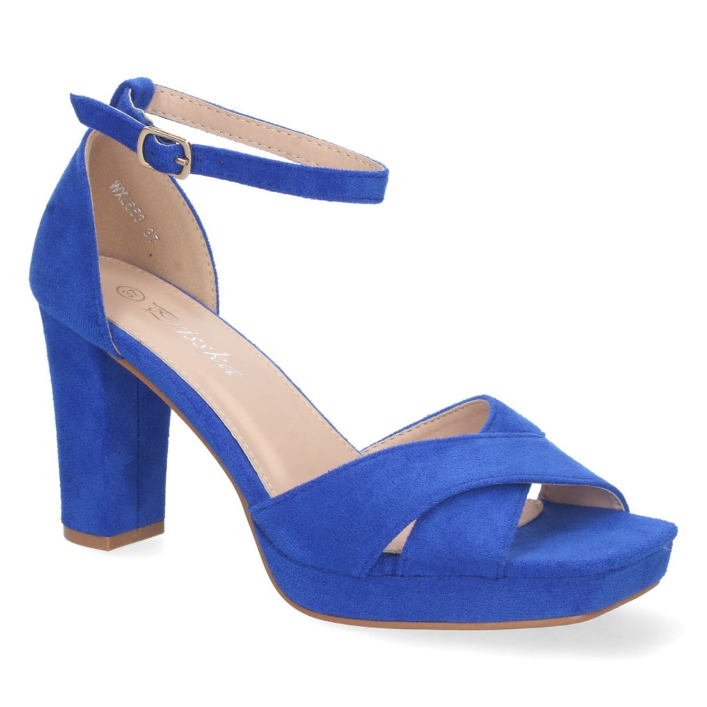 Sandalias Azules Mujer Tacón Ankle Strap Palas Cruzadas Cómodas