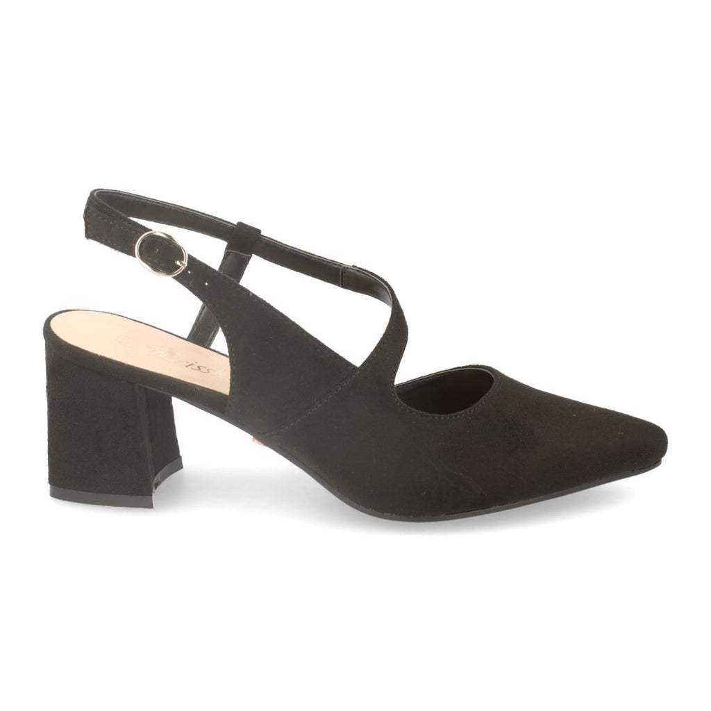 Pumps Negros Mujer Punta Fina Talón Descubierto Hebilla Elegantes