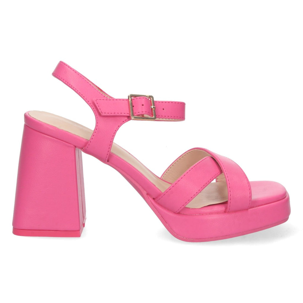 Fuchsia Satinierte Sandaletten mit Blockabsatz, überkreuzten Riemen und Schnalle