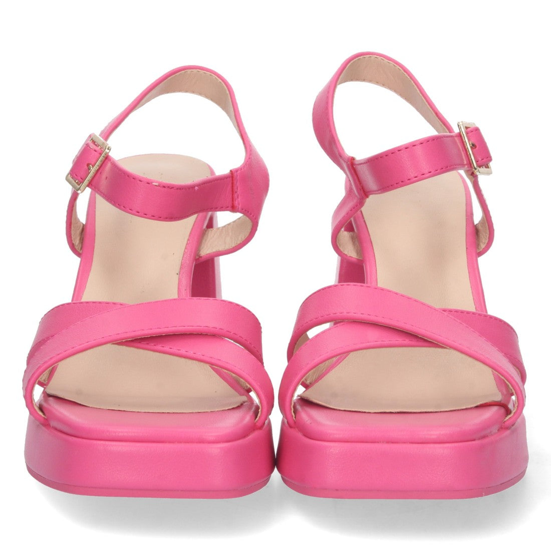 Fuchsia Satinierte Sandaletten mit Blockabsatz, überkreuzten Riemen und Schnalle
