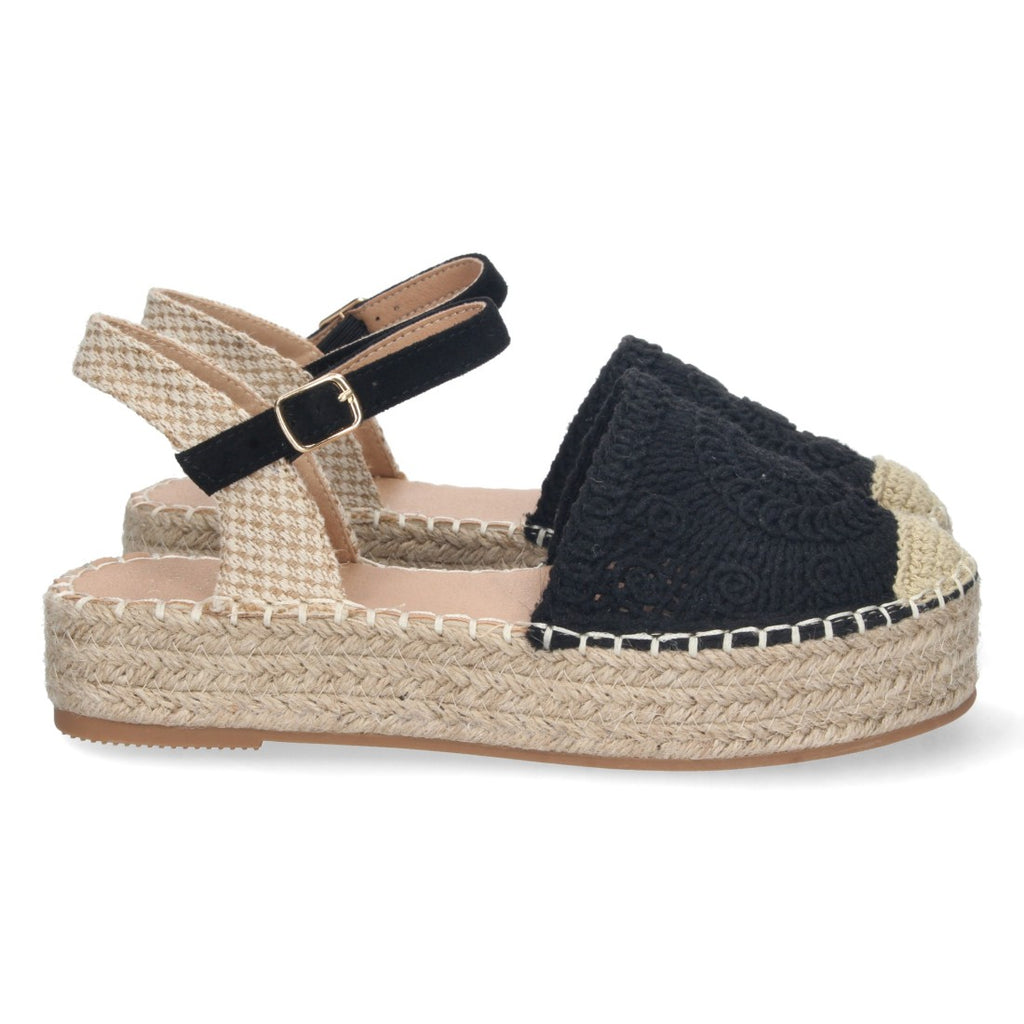 Sandalias Negras Mujer Cuña Yute Cordones Elegantes