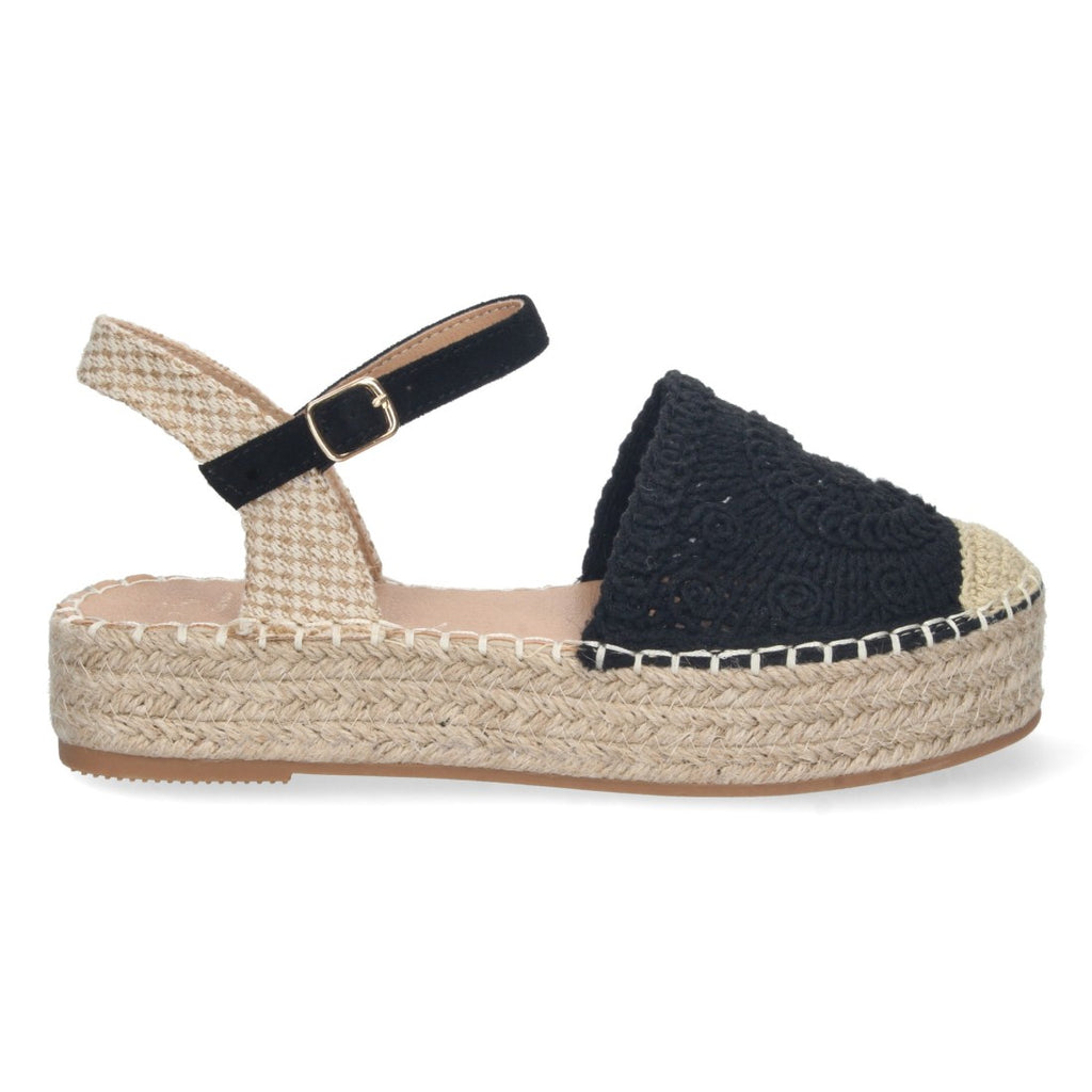 Sandalias Negras Mujer Cuña Yute Cordones Elegantes