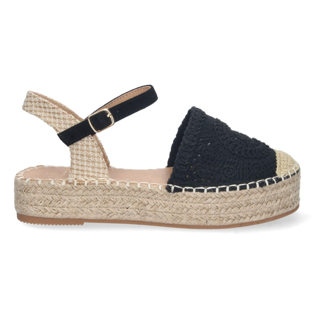 Sandalias Negras Mujer Cuña Yute Cordones Elegantes