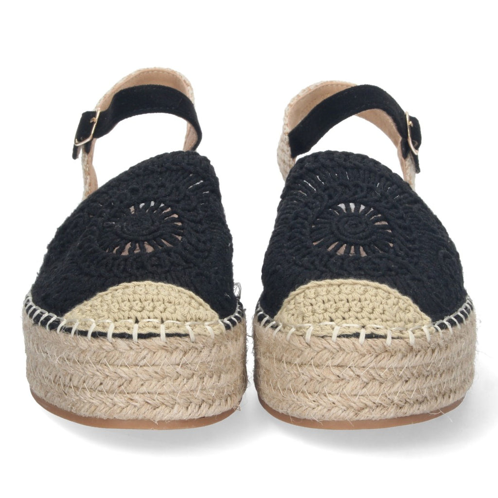 Sandalias Negras Mujer Cuña Yute Cordones Elegantes