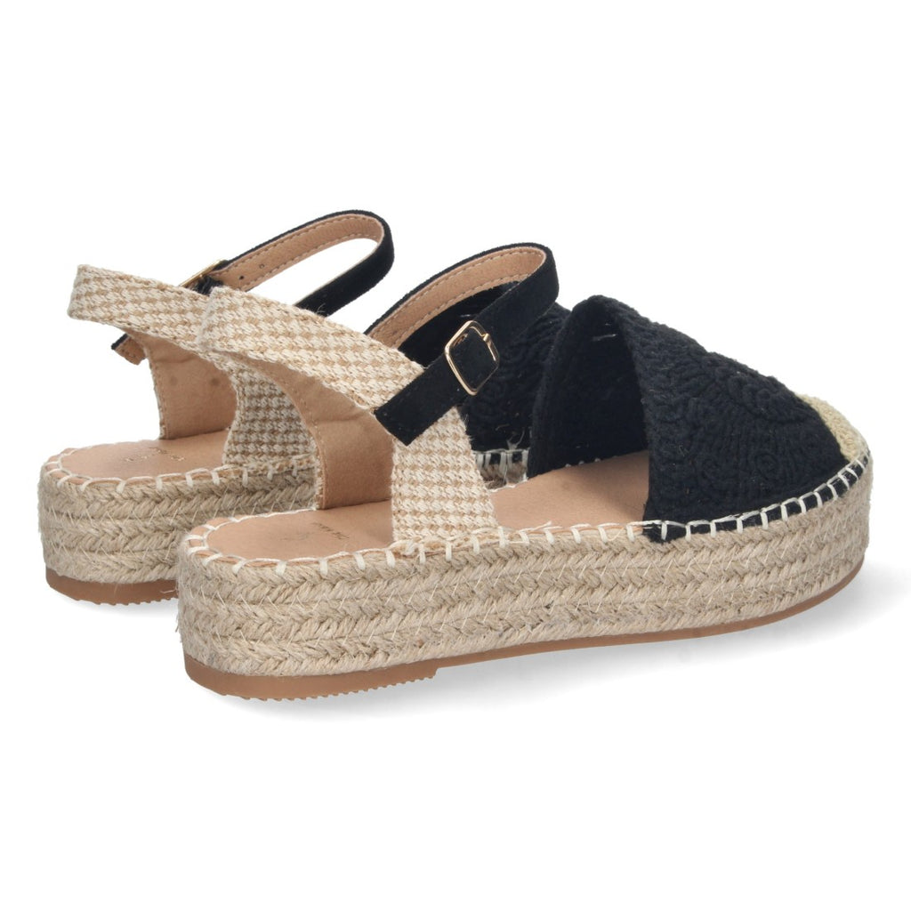 Sandalias Negras Mujer Cuña Yute Cordones Elegantes