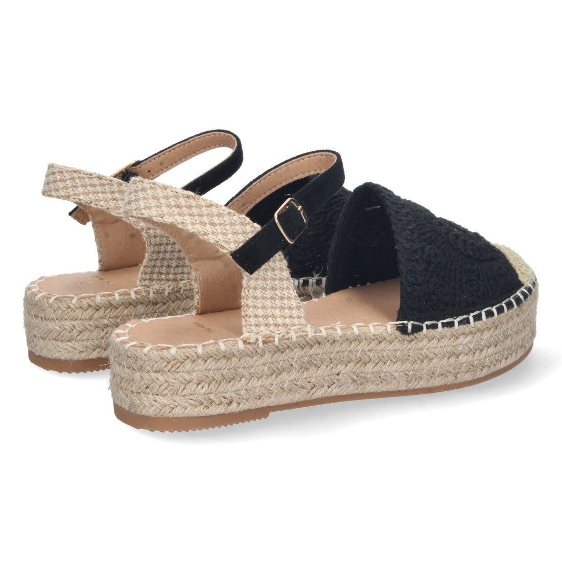 Sandalias Negras Mujer Cuña Yute Cordones Elegantes